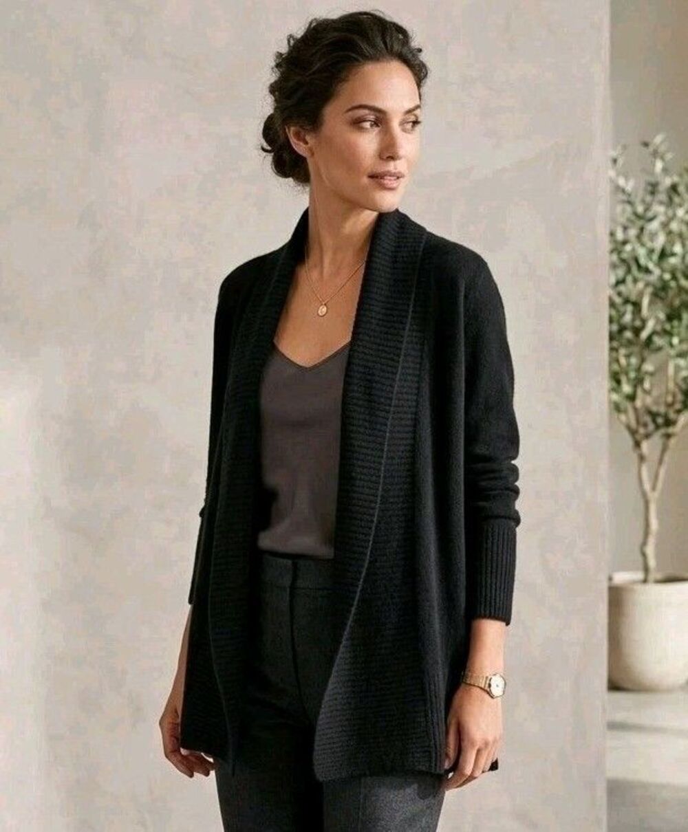 Vertical Design 2 Ply Cashmere Shawl Collar Cardigan Open  Black Quiet Luxury